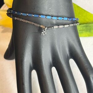 Express Set of 2 Stretch Beaded Bracelet in Blue Brown and Silver Tone
